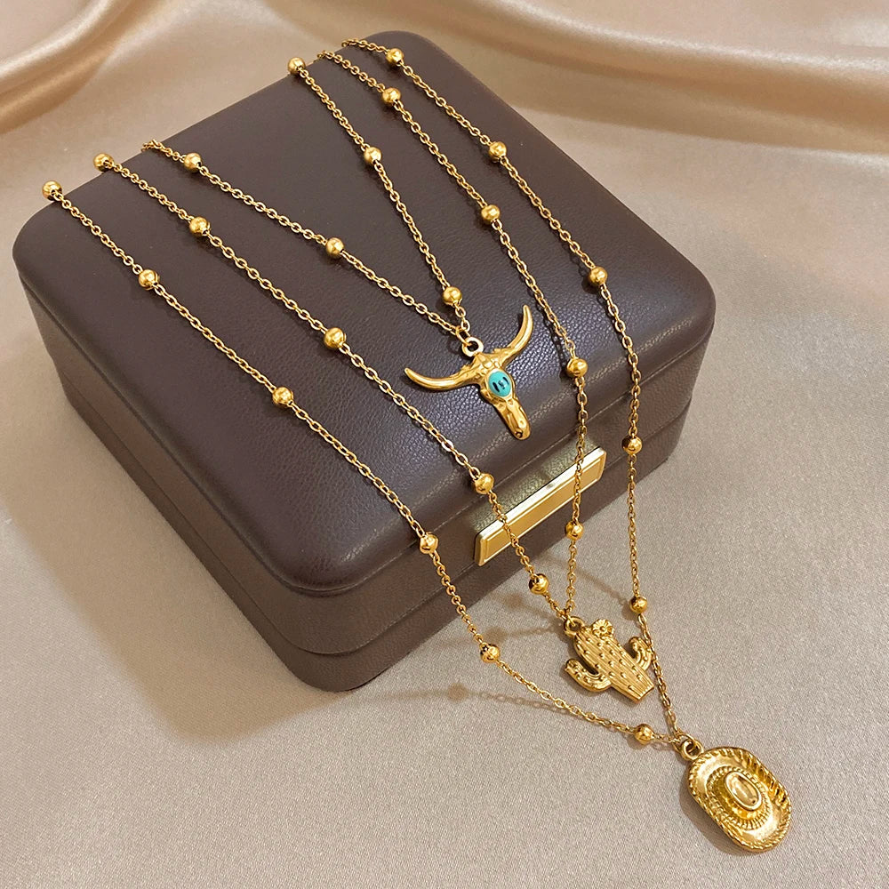 2026 New Style Stainless Steel Cattle Head Cactus Cowboy Hat Pendant Statement Gold Color Multi layer Chain Fashion Jewelry