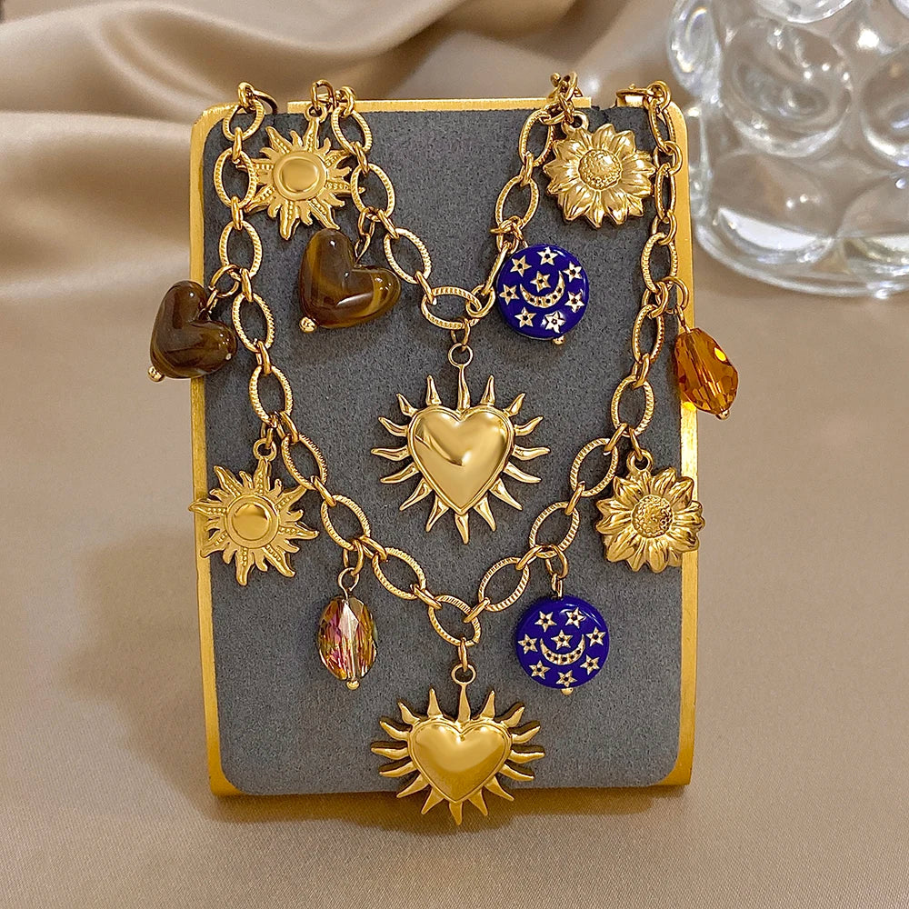 Women Stainless Steel Gold Plated Set, Sun Flower Heart Tiger's Eye Moon Star Charm Necklace Bracelet, Boho Fashion Jewelry Gift