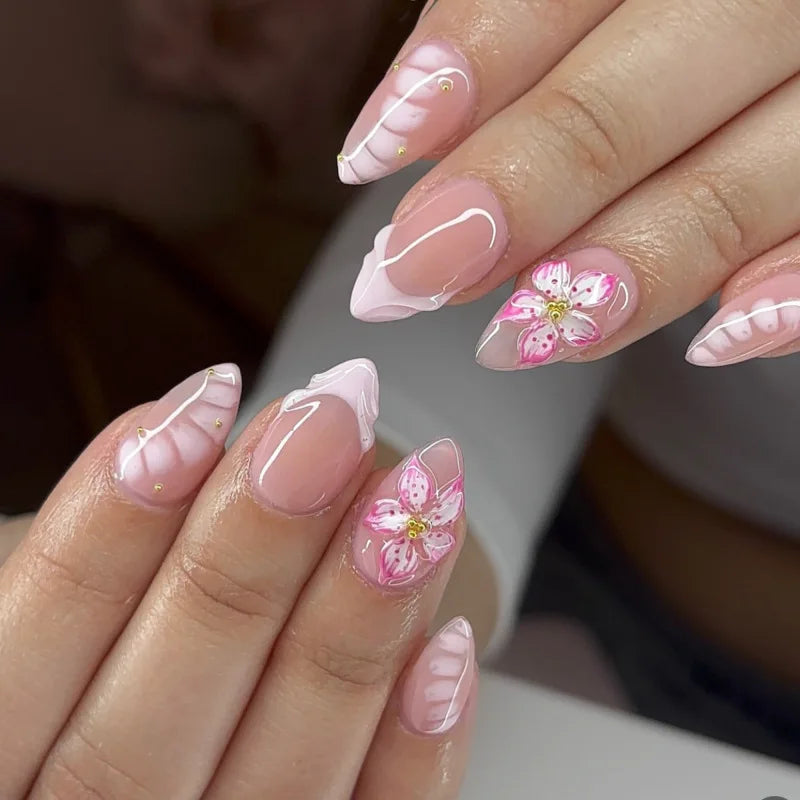 24Pcs Wine Red Almond Bow Heart Designs Press on Nails Glitter Cat Eye Diamond Nail Patch Wearable Elegant Full Cover Nail Tips