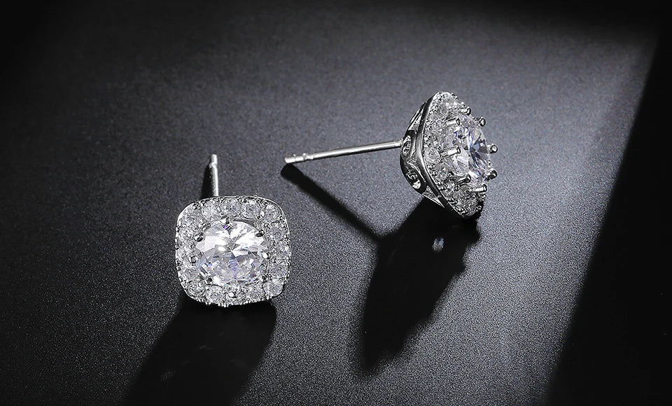 ZAKOL Classic White Square CZ Stud Earrings For Women Exquisite Round Cubic Zirconia Crystal Ear Jewelry Gift