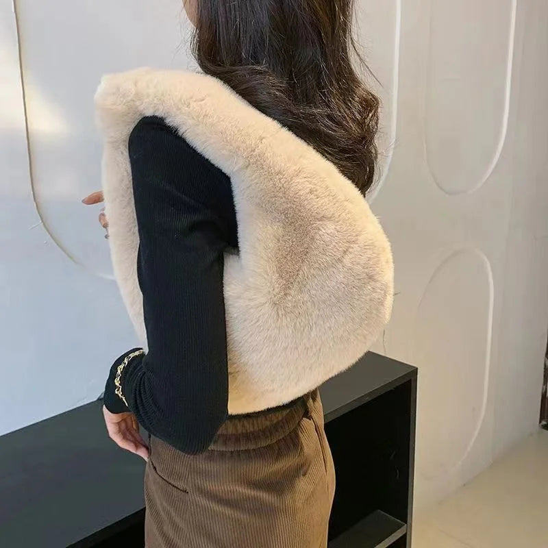 Solid Color Plush Dumpling Bag Simple Style Niche Design Faux Fur Handbag Tote Small Women's Underarm Hobo Bag