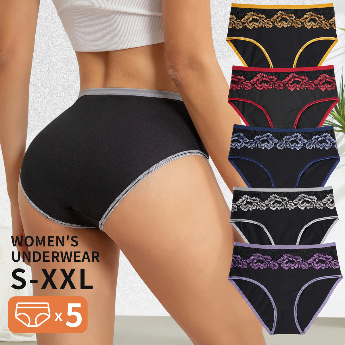 5 Pack Women's Lace Floral Underwear High Rise Soft Comfy Briefs Contrast Color Trim Panties Breathable Ladies Daily Lingerie