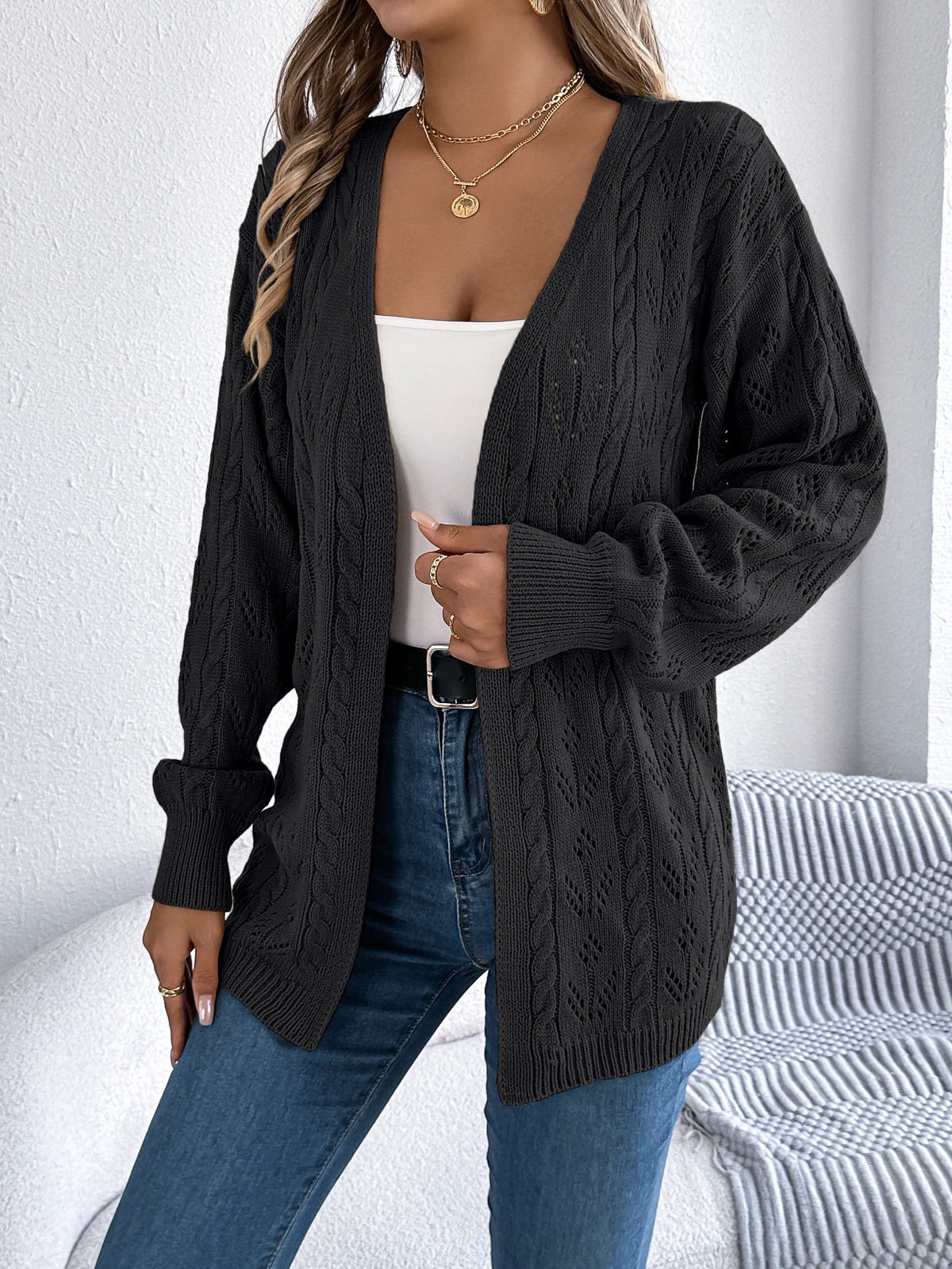 Women's Solid Color Hollow Out Knitted Cardigan Sweaters 2026 Autumn Winter Casual Lantern Long Sleeve Coats White Black Khaki