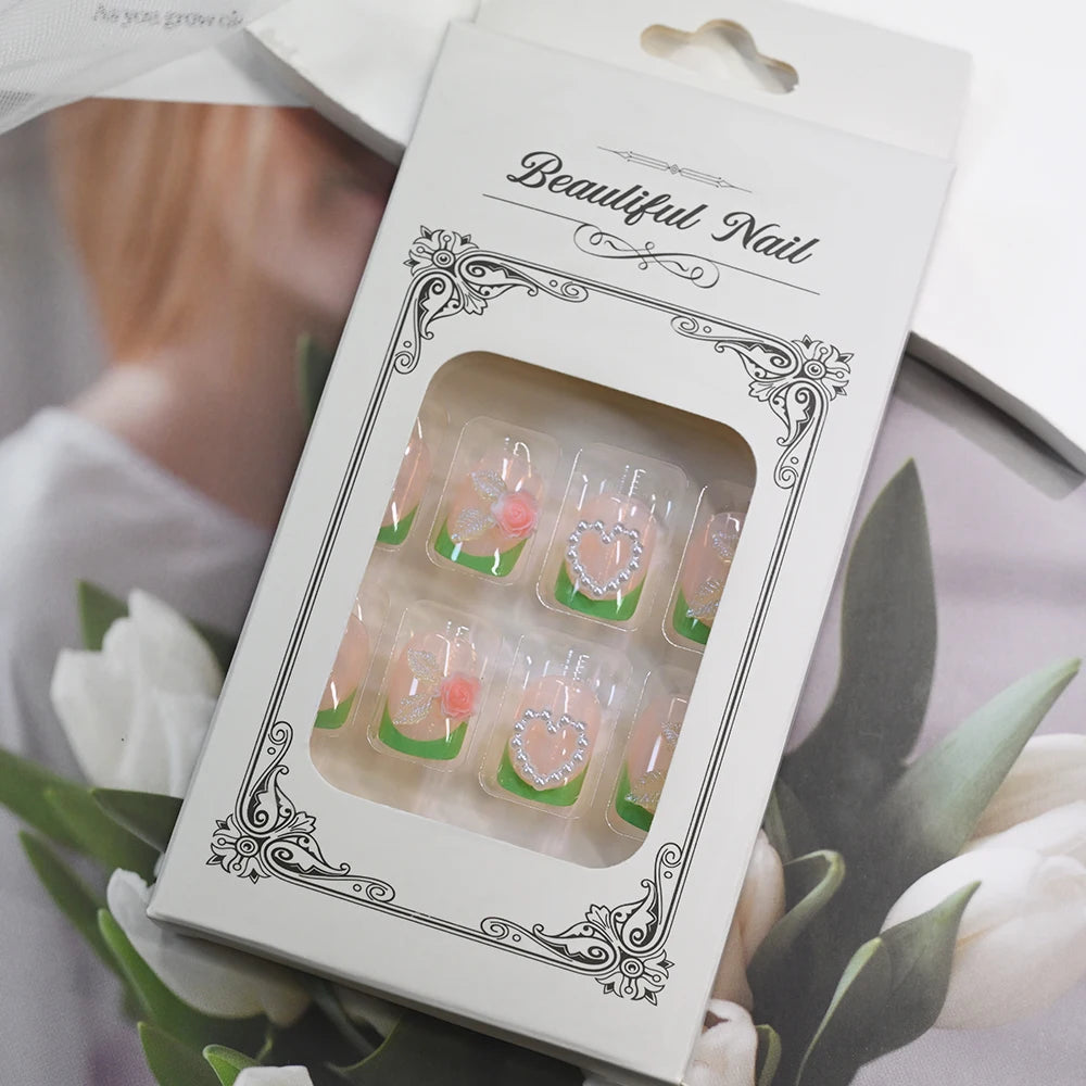 24Pcs Green Short Square French False Nails 3D Heart Rose Flower Charm Full Cover Fake Nail for Women Wearable Press on Nails