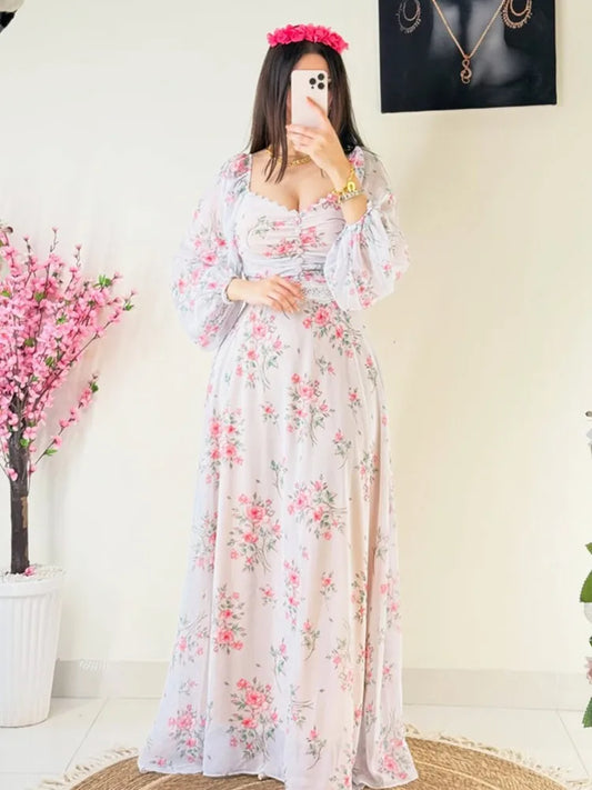 BKLD 2026 Spring Summer New Women Clothing Fashion Chiffon Printed Lace Dress Long Sleeve Party Clubwear Long Dresses A-Line