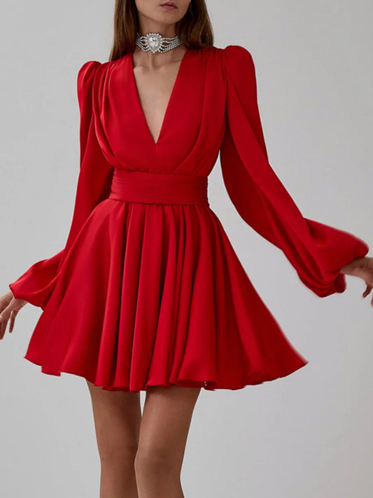 Women's Red Elegant Cocktail Party Dress Satin Chiffon Ruched Pleated Mini Dresses Puff Sleeve V-Neck A-line Slim Evening Robes