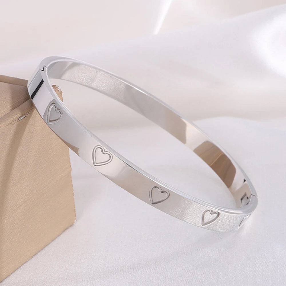 ZAKOL 5/1pcs Shiny Geometric Zirconia Inlaid Stainless Steel Copper Bracelet Set Heart CZ Stackable Bangle Jewelry Gift