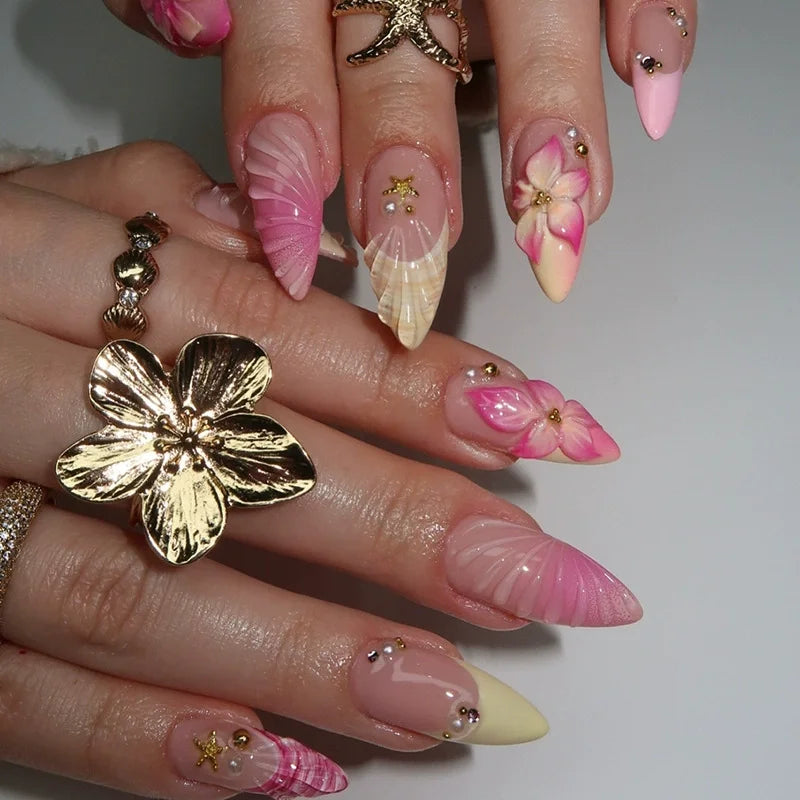 24Pcs French Flowers Pattern Almond Simple False Nails Set with Gloden Stripes Designs Detachable Finished Nails with Jelly Glue