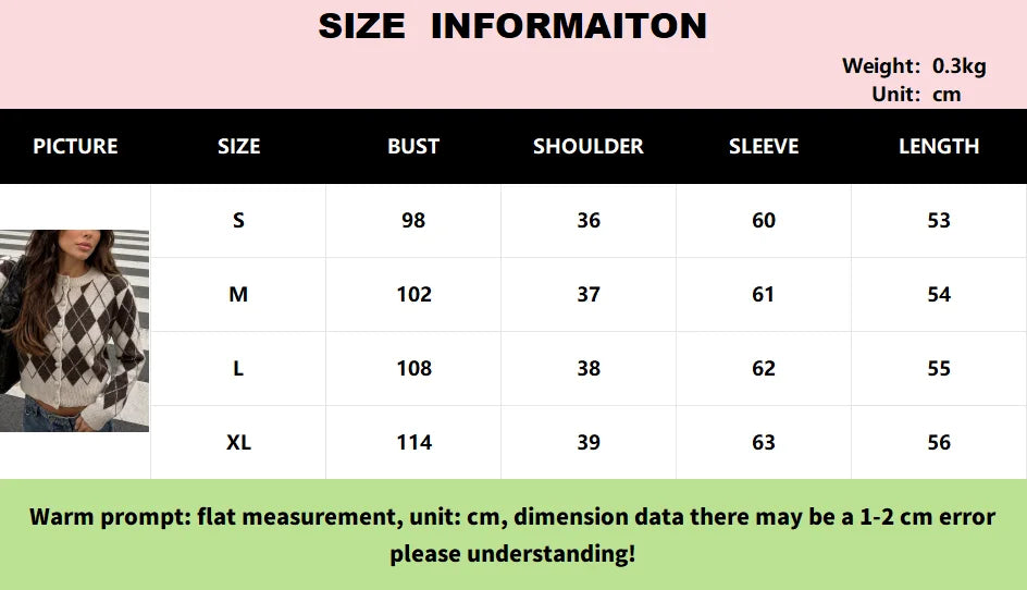 Vintage O-Neck Argyle Knitted Sweater Women Casual Single Breasted Long Sleeve Slim Cardigan Female Autumn Winter Streetwear