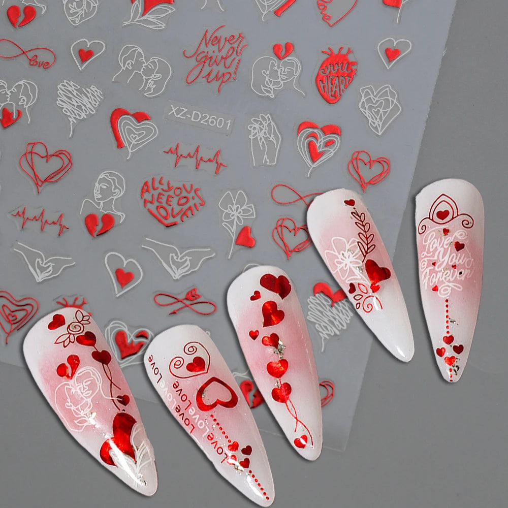 1Pc 3D Red Love Heart Nail Art Stickers Rose Flower Lip Self Adhesive Decals Valentine' Day Nail Sliders For Manicure Decoration