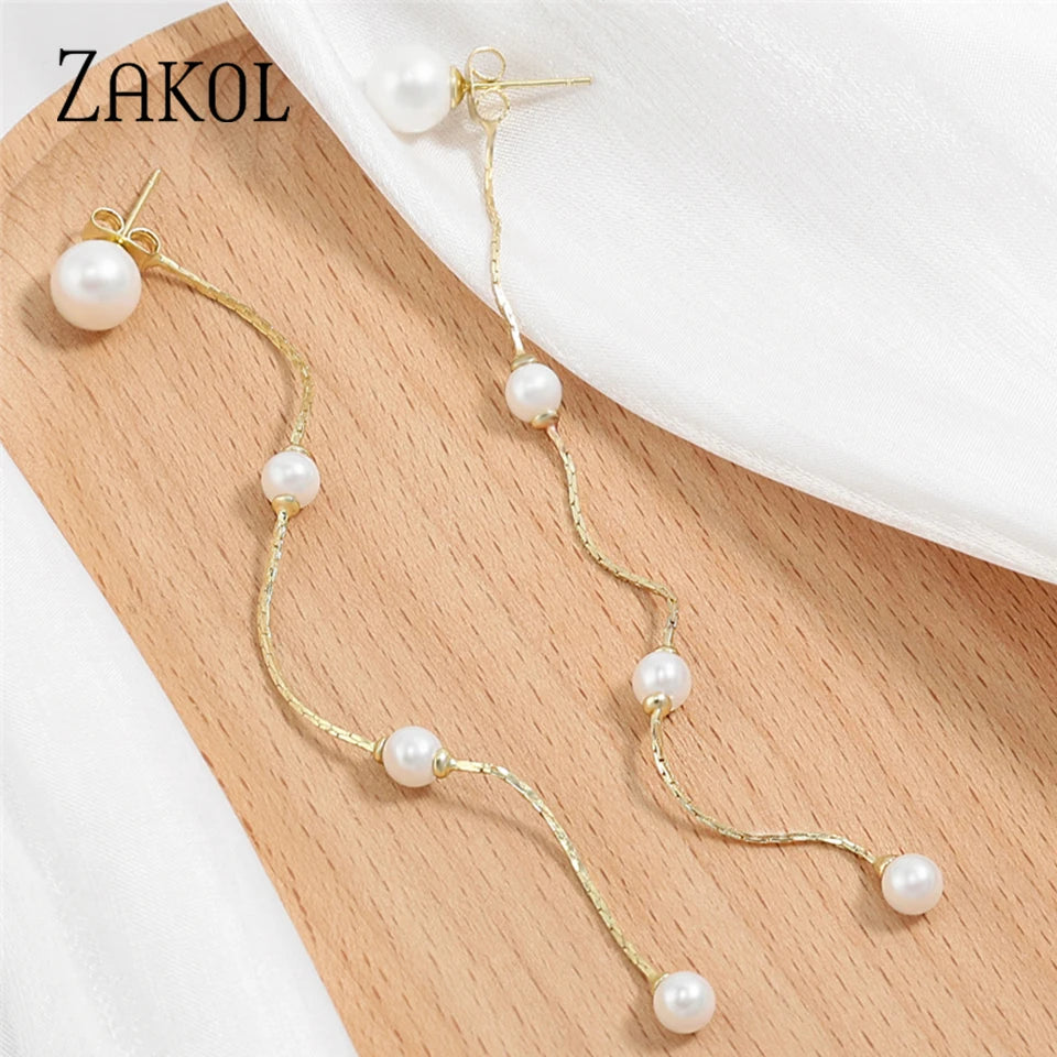 ZAKOL Elegant Pearl Long Drop Earring for Women Luxury Glamor Bridal Earring Shiny Zircon Wedding Jewelry