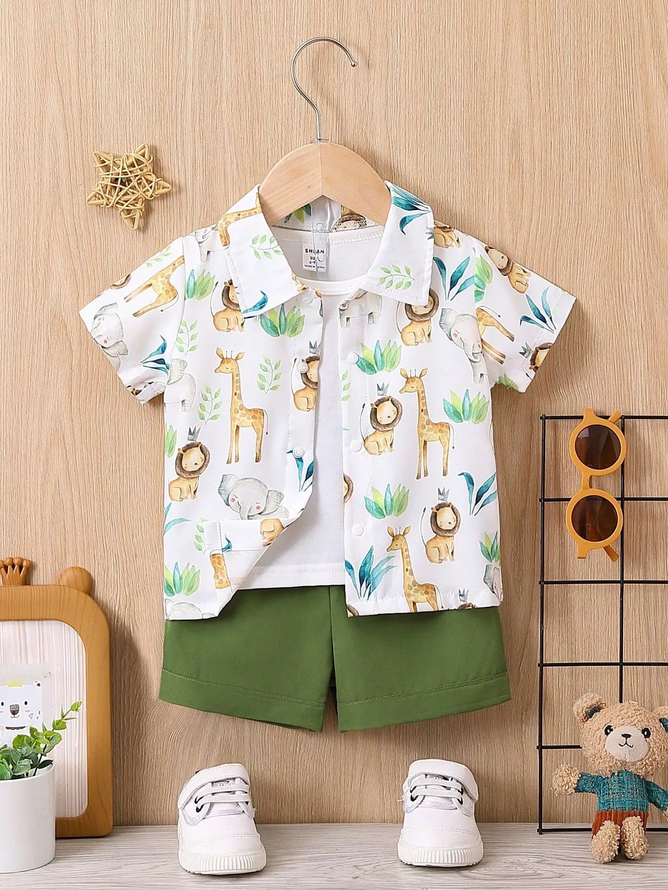 Summer Baby Boy Casual Animal Print Short-Sleeved Shirt And Shorts 2-Piece Set Boys' Vacation Travel Shirt Set
