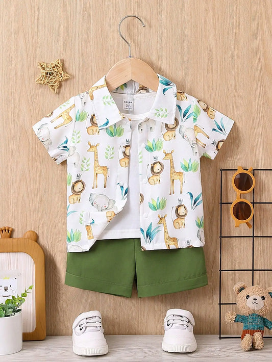 Summer Baby Boy Casual Animal Print Short-Sleeved Shirt And Shorts 2-Piece Set Boys' Vacation Travel Shirt Set