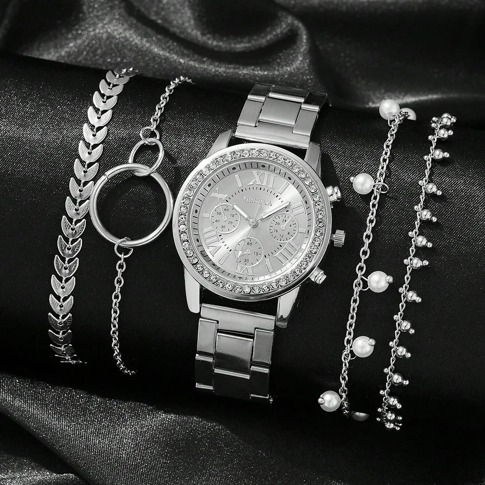 5PCS Quartz Watch Set Women Fashion Silver Round 3 Eyes Alloy Strap Wristwatch Gift Rhinestone Watch For Women Jewelry Set