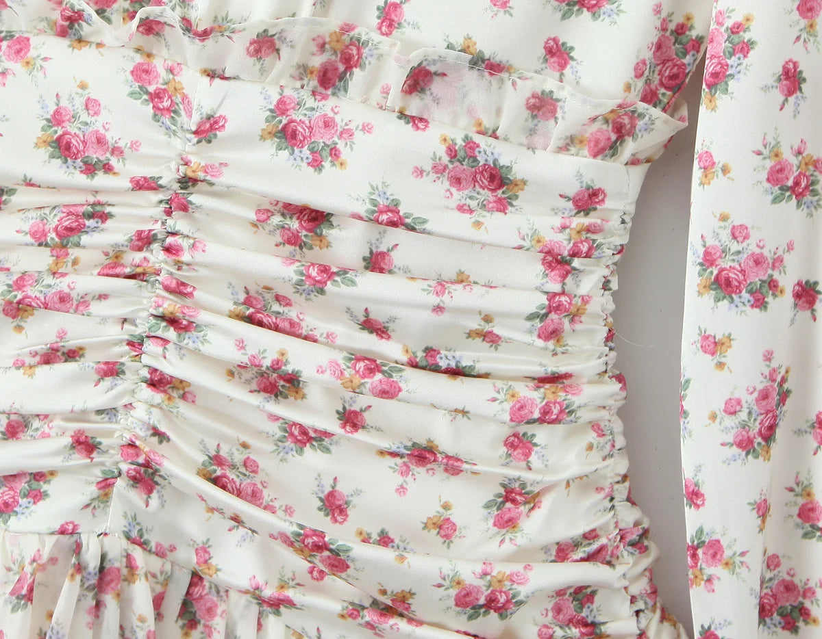 Boho Chic Floral Print Ruffle Mini Dress Women's Long Puff Sleeve V Neck Slim Fit A-line Party Dresses New Female Club Vestidos