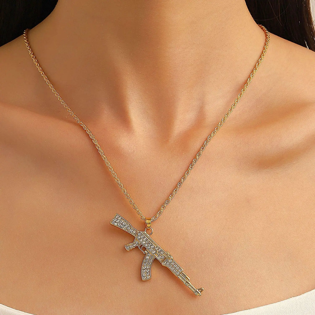 ZAKOL Hiphop&Rock AK47 Rifle&Gun Pendant Necklaces For Men Women Crystal Metal Clavicle Chain Choker Party Daily Jewelry Gifts