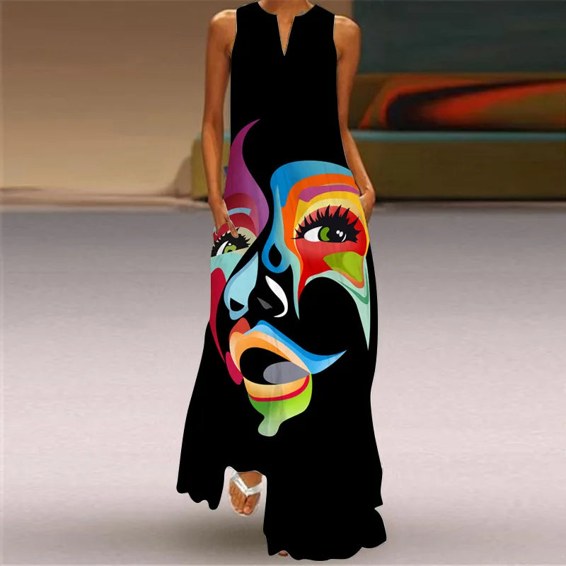 Summer Retro V-Neck Sleeveless Maxi Dress – Loose Artistic Print