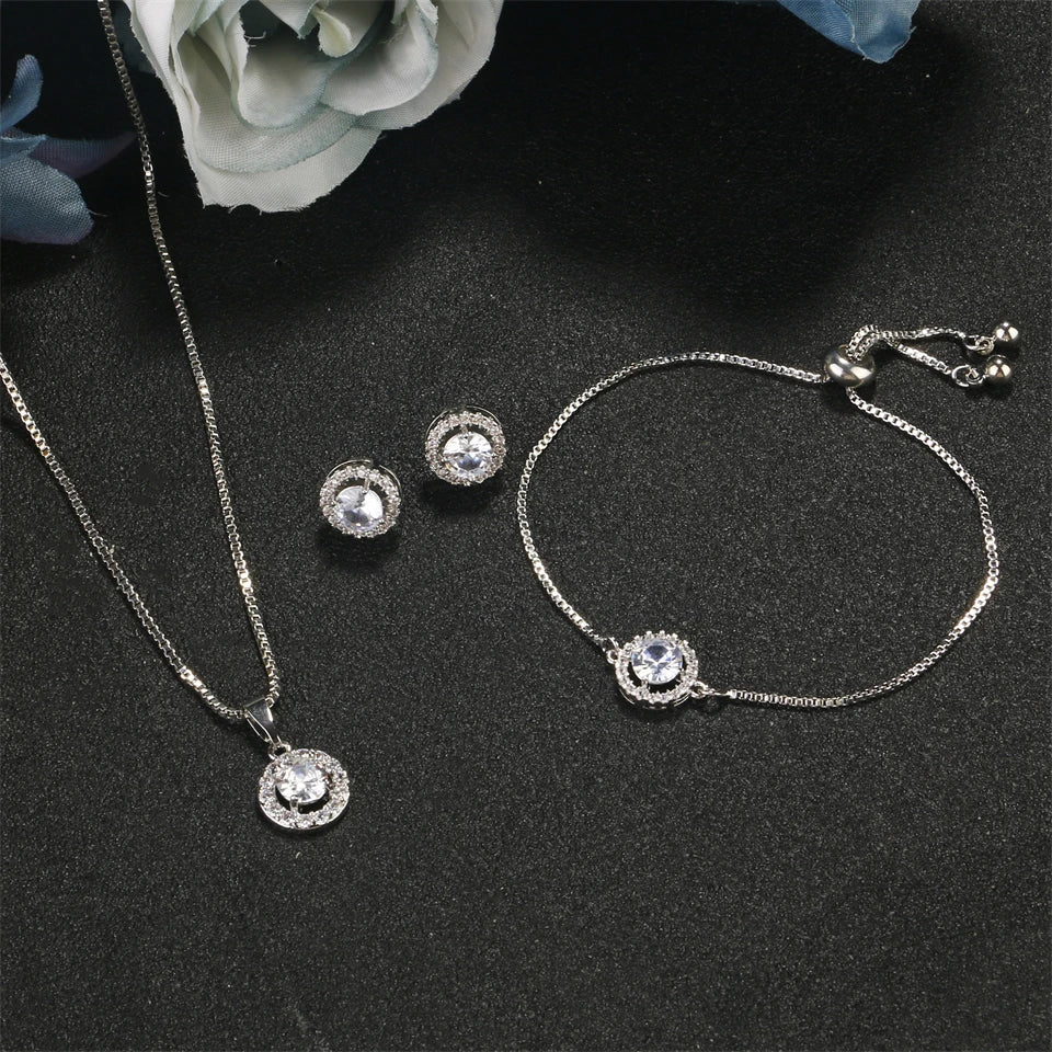 Simple Geometric Round Zircon Pendant Necklace for Women Clear  AAA Zirconia Crystal Charm Chain Necklaces Wedding Jewelry Sets