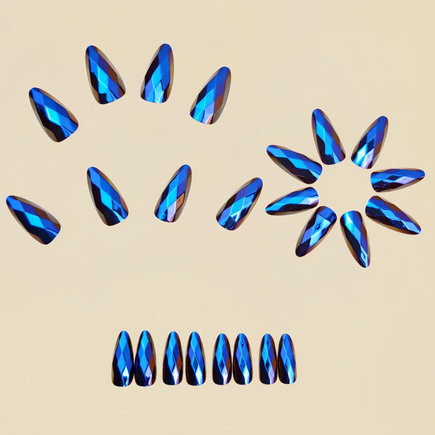 Medium fake nails for women girl glossy Metallic Holographic Plated 3D rhombus design dark blue pink press on acrylic false nail