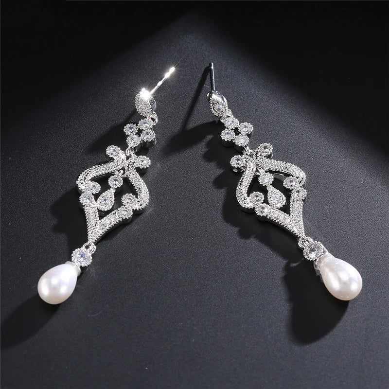 ZAKOL Elegant Simulated Pearl CZ Bridal Long Drop Earrings Fashion Engagement Wedding Jewelry Gifts for Women