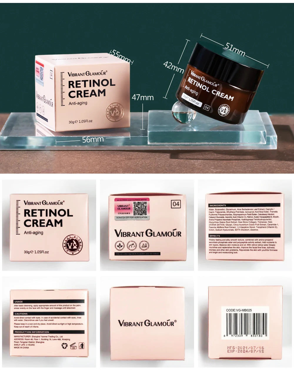 Retinol Face Cream Anti-Aging Remove Wrinkle Firming Lifting Whitening Brightening Moisturizing Hyalronic Acid Facial Skin Care
