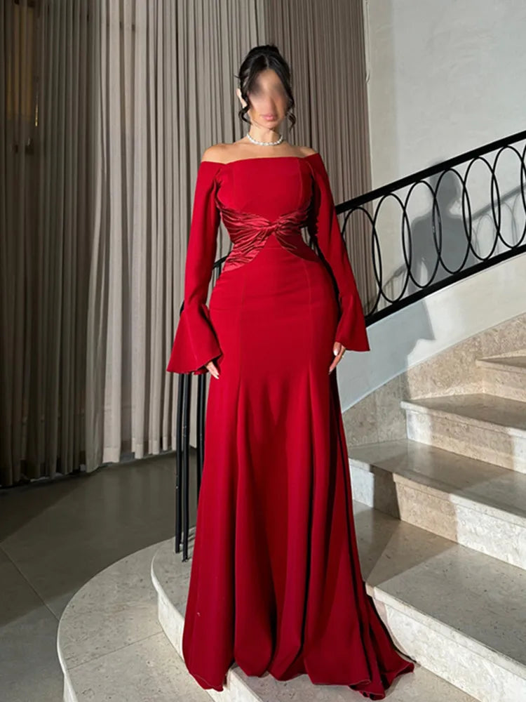 BKLD Red Dress 2026 Spring Women Clothing Sexy Off The Shoulder Flare Sleeve Fashion Splicing Folded Evening Dress Party