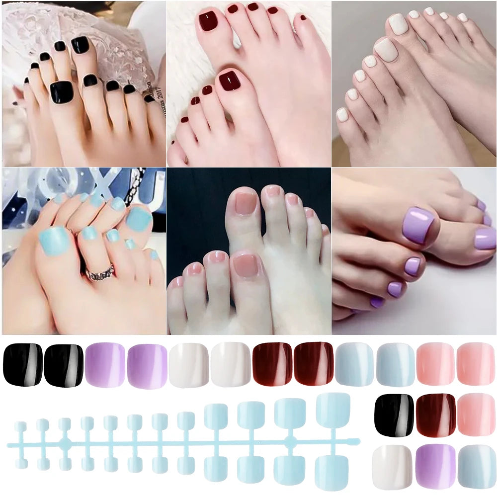 144/120Pcs Mixed Short Square False Toenails Acrylic Full Cover False Toe Nails Foot Nail Tips Extension Women Press on Toenails