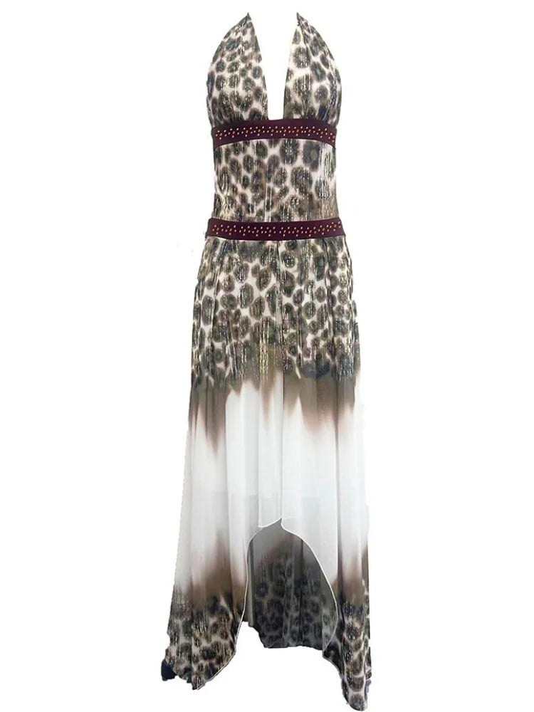 Summer Vacation Sexy Leopard Print Halter Maxi Dress Elegant Deep V Hollow Out Low-Waist Irregular Beach Dress Lady Party Outfit