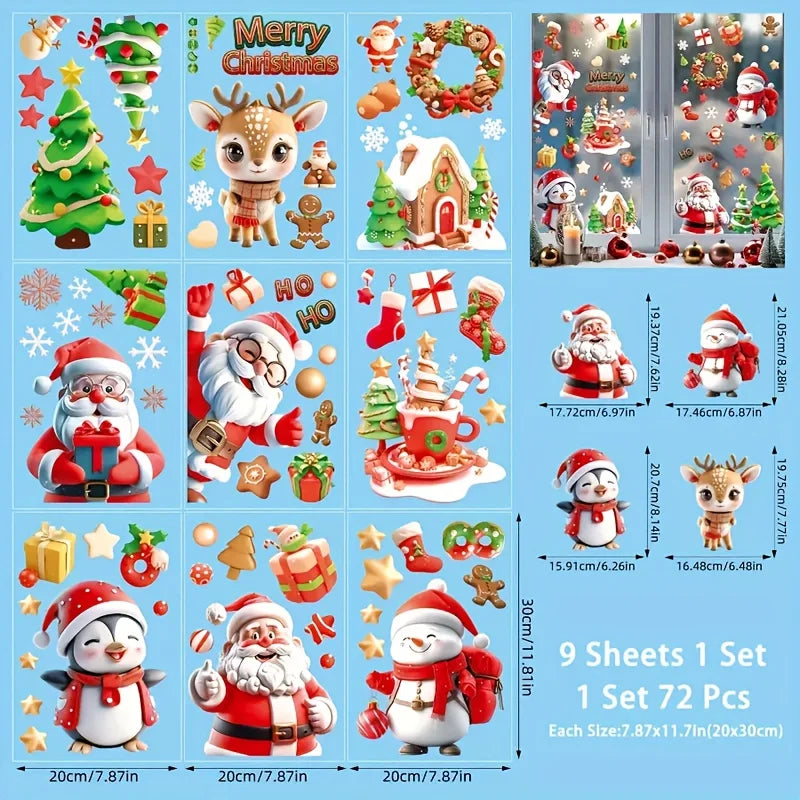 Xmas Cartoon Character Window Stickers, Santa Penguin Snowman Reindeer Christmas Window Clings, Festive Removable Glass Decals 