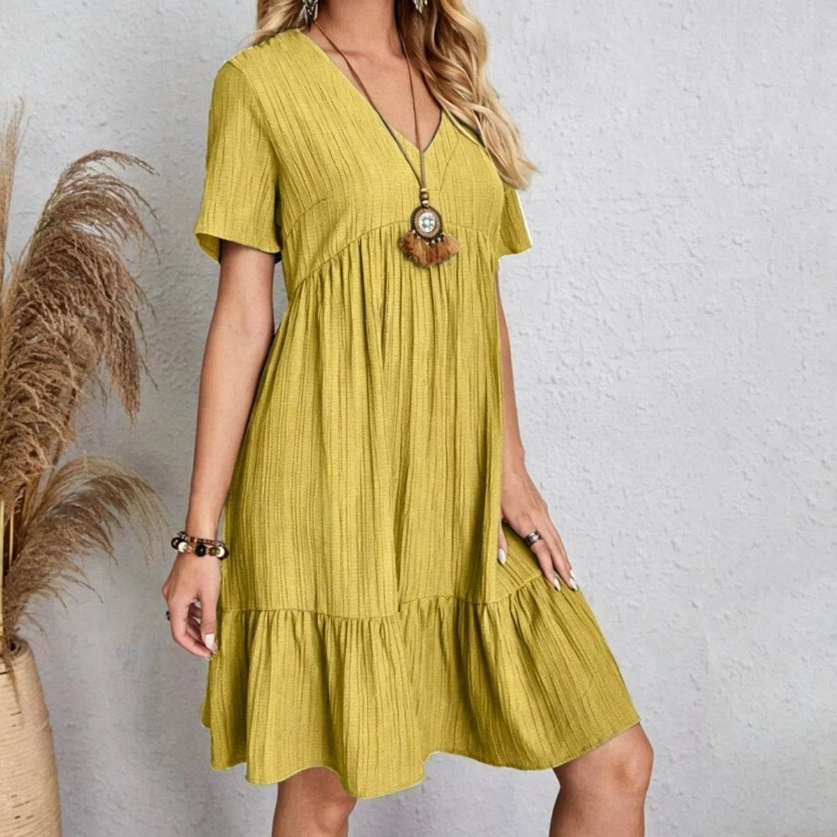 Women Elegant V Neck Ruffles Mini Dress Summer Vintage Solid Loose Sundress Bohemian Casual Solid Beach Party Vestidos