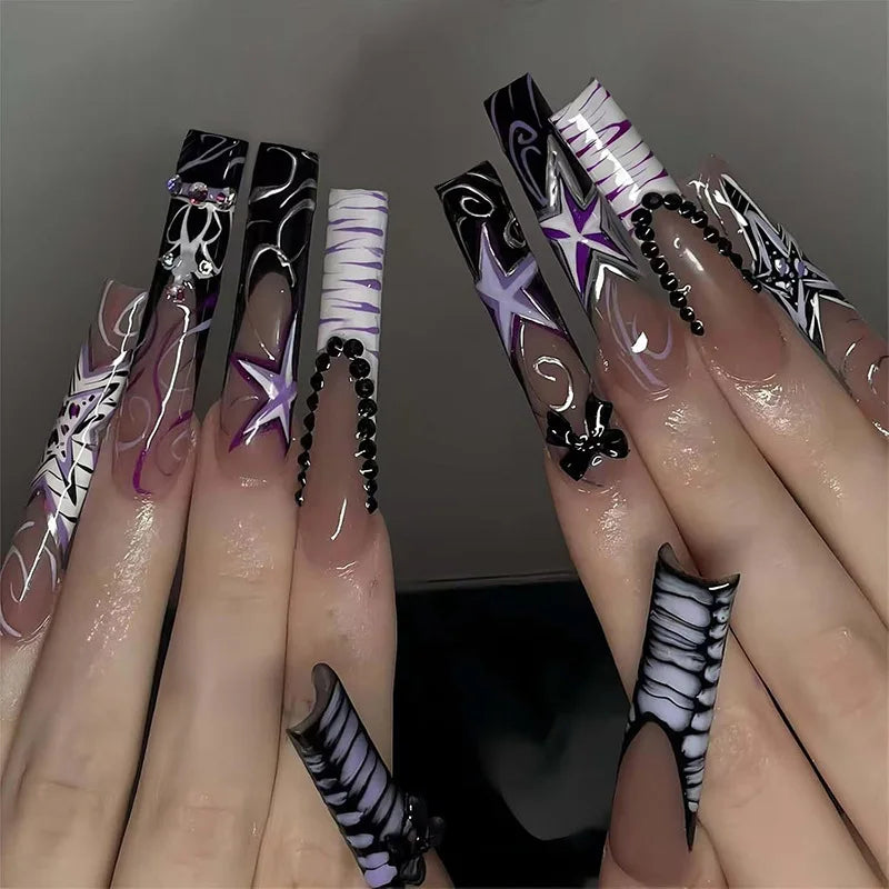 24Pcs Green French Press on False Nails with Pearl Long Square Head Nails Set Sun Star Pattern Wearable Full Cover Fake Nail Tip