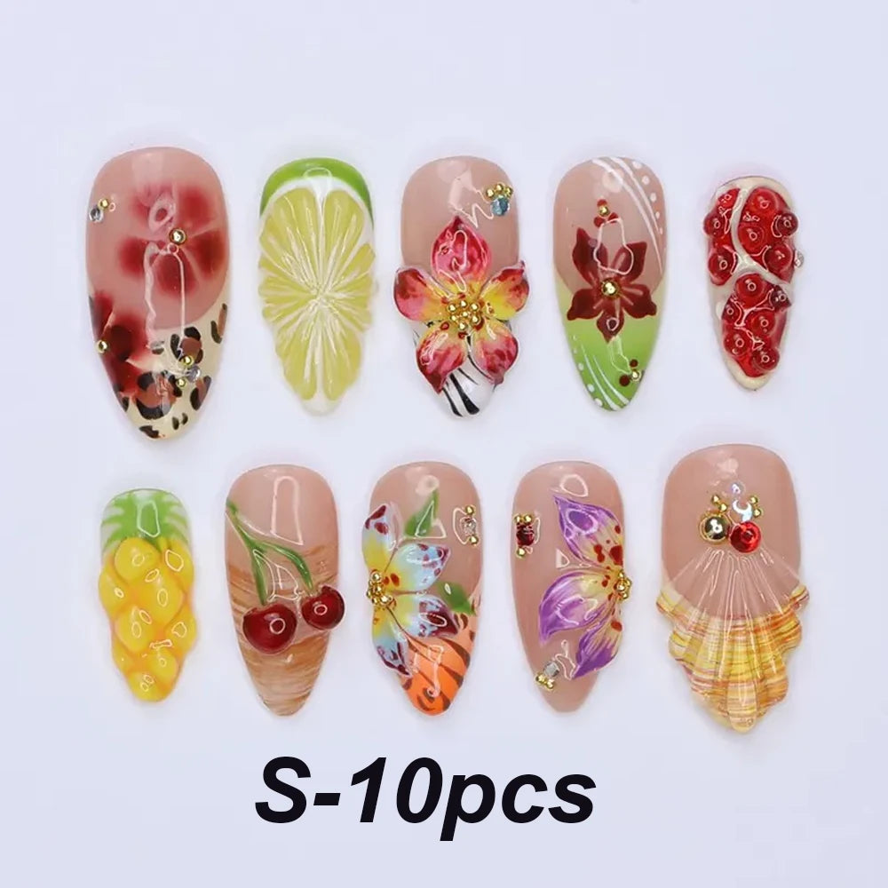 30pcs Epoxy Seashell Orchid Water Droplets False Nails Blue And White Porcelain Press On Nails Long Almond Starfish Fake Nails