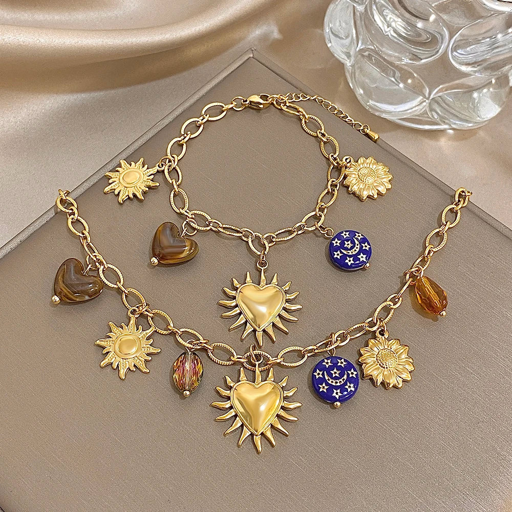 Women Stainless Steel Gold Plated Set, Sun Flower Heart Tiger's Eye Moon Star Charm Necklace Bracelet, Boho Fashion Jewelry Gift
