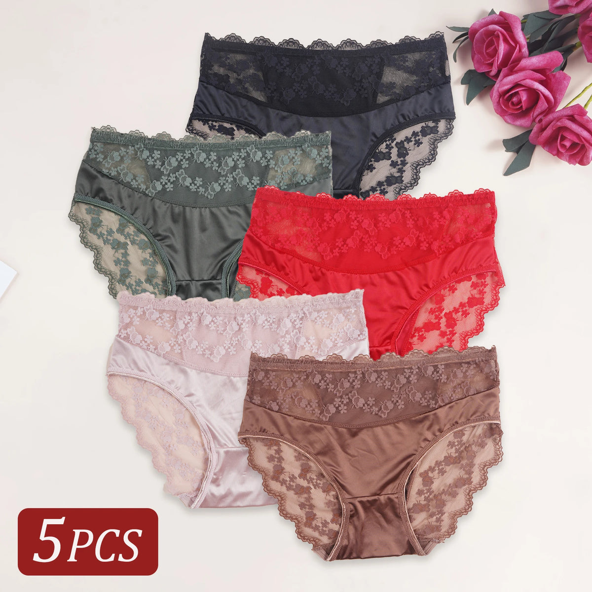 5PCS Solid Color Women's Underwear Sexy Lace Embroidery Small Flower Splicing Panties Mid Waist Briefs Suitable for All Seasons
