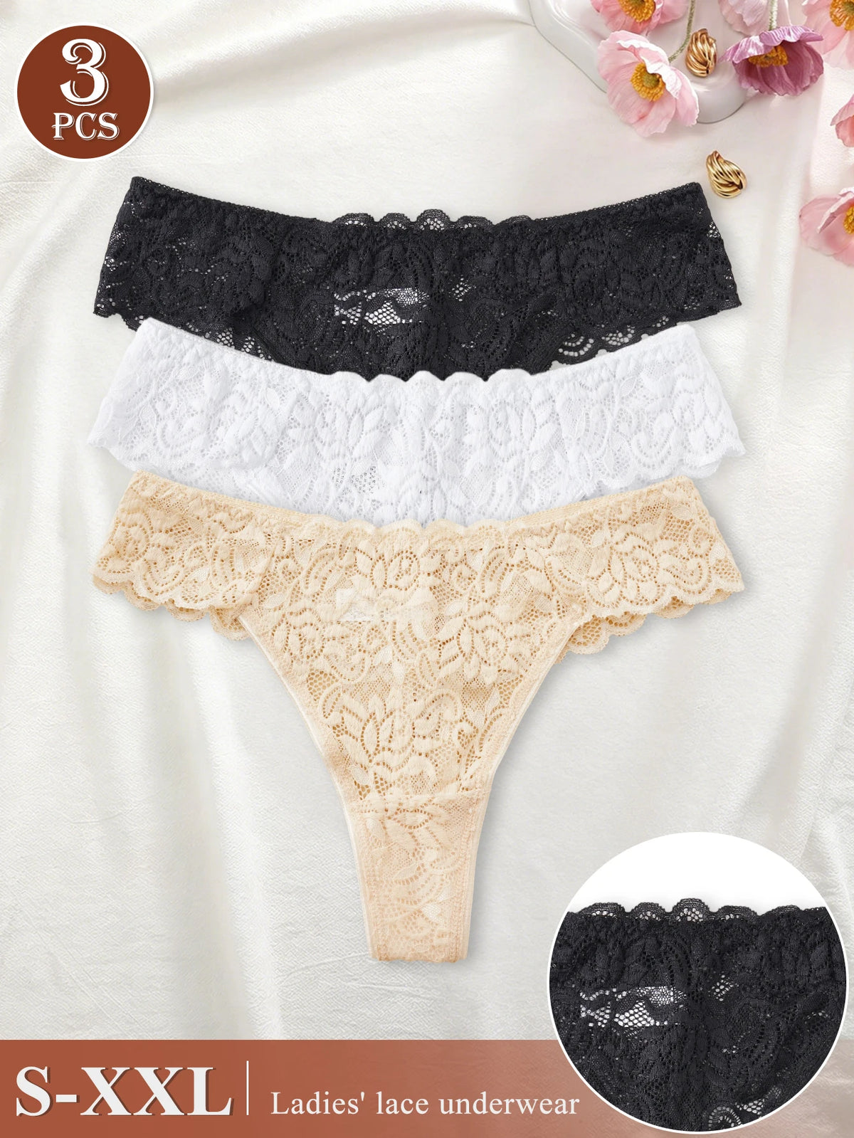 3PCS Women Floral Lace Thong Panties Low Waist Breathable Semi-Sheer G-string Sexy Intimates Underwear S-XXL