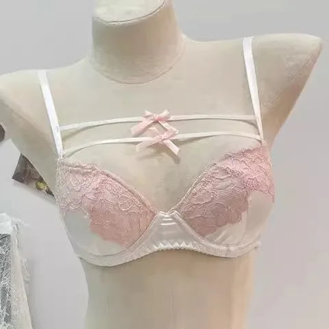 MOYISU French Lace Bralette with Bow Sweetheart Neckline Petite Bust | Natural Lift Minimalist Bra Set Sexy Yet Subtle Support