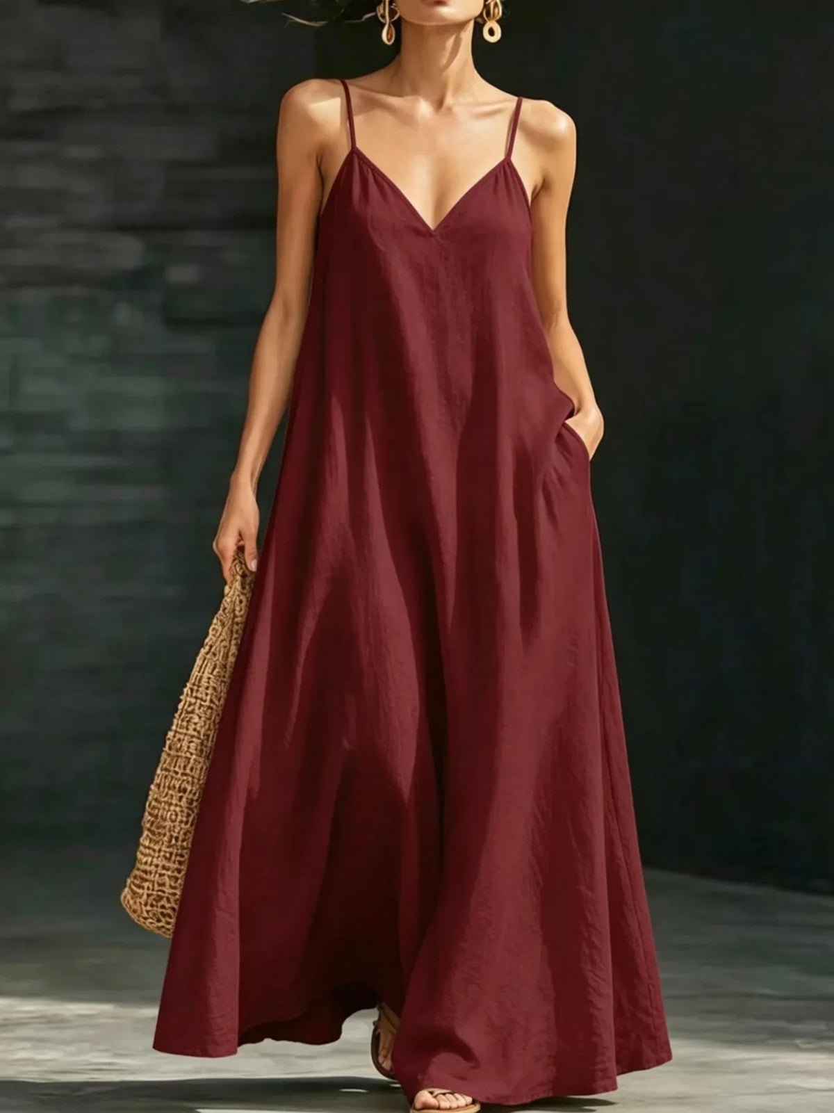 Women Linen Spaghetti Strap Maxi Dress V Neck Loose Swing Long Dress With Pockets Casual Summer Beach Vacation Sundress Ladies