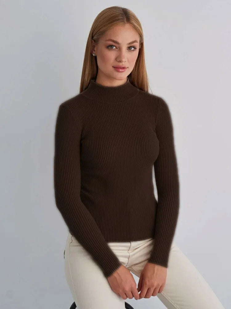 Women's Elegant Knitted Pullover Sweater Vintage Half High Neck Solid Tops Casual Slim Fit Sweaters Autumn Winter Basic Knitwear