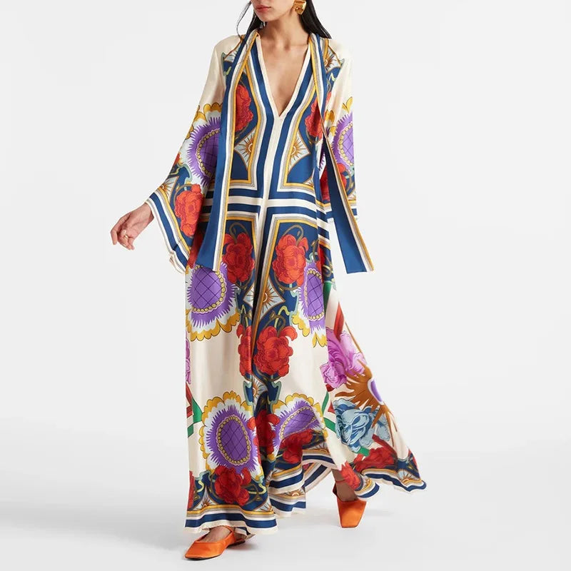 Elegant Stand Collar Printed Dress – High Waist Long Sleeve Casual Party Wear | فستان نسائي أنيق بطبعة وياقة عالية – خصر مرتفع وأكمام طويلة لإطلالة كاجوال أو حفلات
