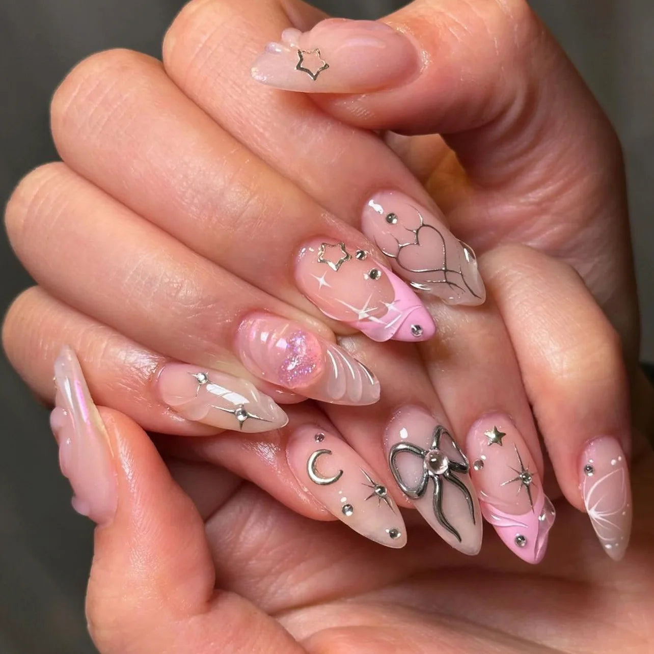 24Pcs Y2k Almond Acrylic Nails Full Cover 3D Diamond Black Nail Art Sweet Cool French Wearable Fake Nail Manicure Tips for Girls