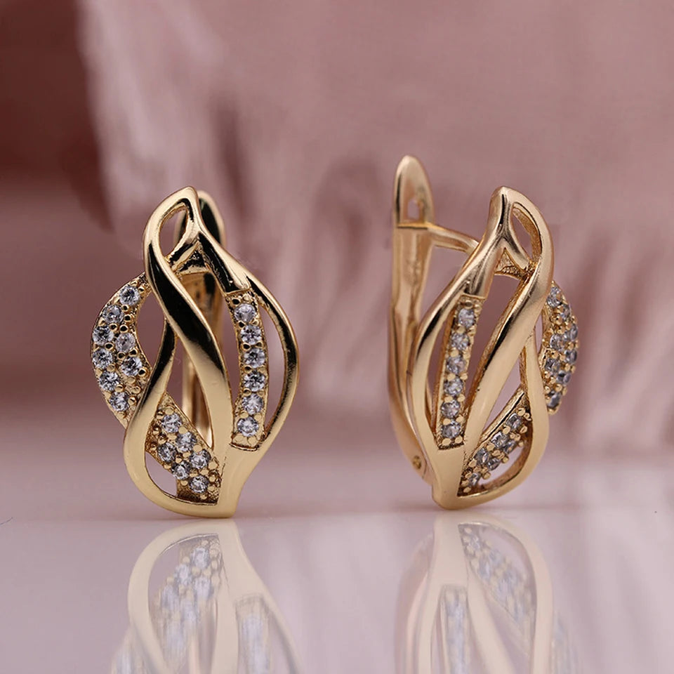 Simple Leaf Shape Hollow Stud Earring For Women AAA Zircon Gold Color Plated Ear Accessories Jewelry Gift