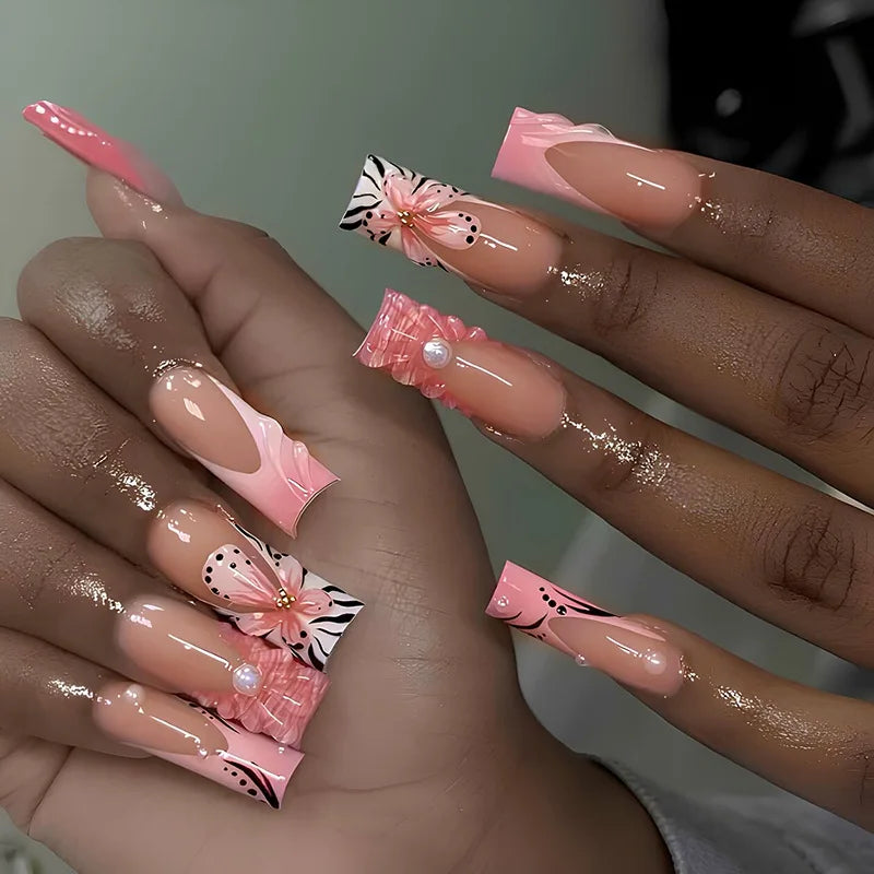 24Pcs Green French Press on False Nails with Pearl Long Square Head Nails Set Sun Star Pattern Wearable Full Cover Fake Nail Tip