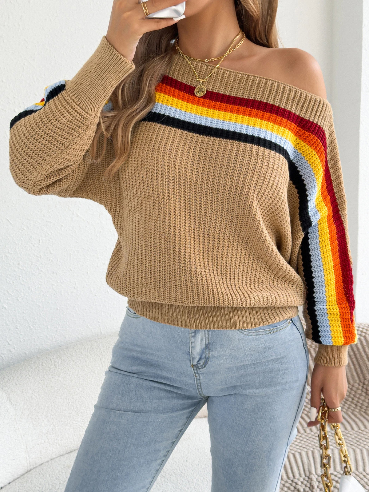 2026 Fashion Contrast Color Striped Sweaters for Women Autumn Winter Casual Round Neck Lantern Long Sleeve Knitted Pullover Tops