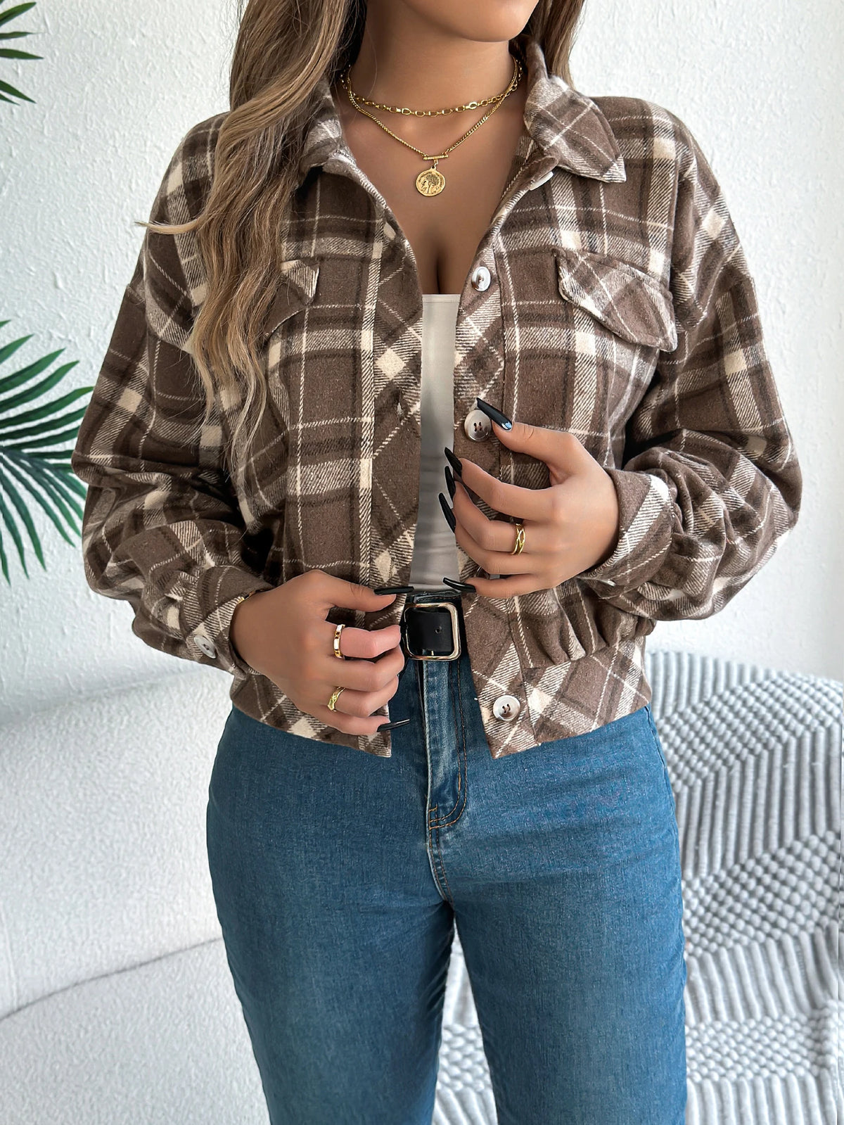 Autumn Winter Casual Plaid Cropped Jacket Lapel Lantern Long Sleeve Single Breasted Woolen Jacket 2026 Fashion Women Clothes