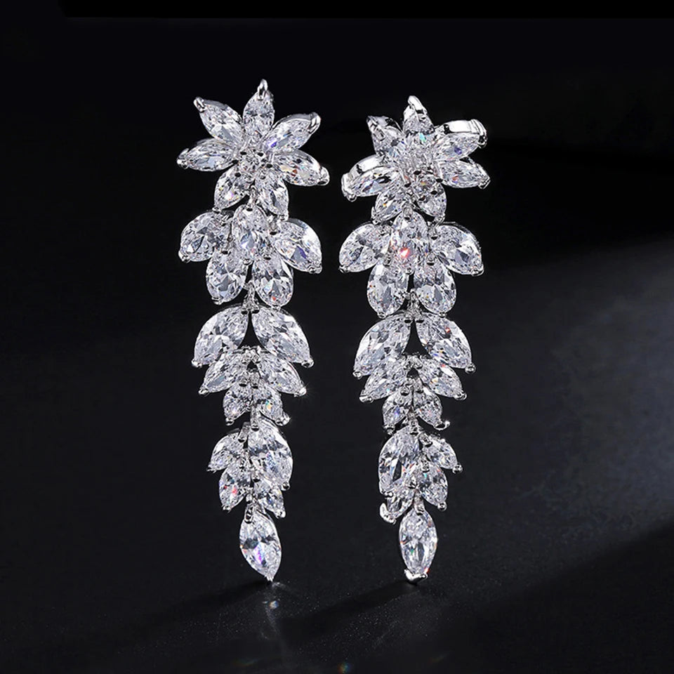 ZAKOL Fashion Cubic Zirconia Leaf Long Dangle Earrings for Elegant Women White Leaves Drop Earring Bridal Wedding Jewelry