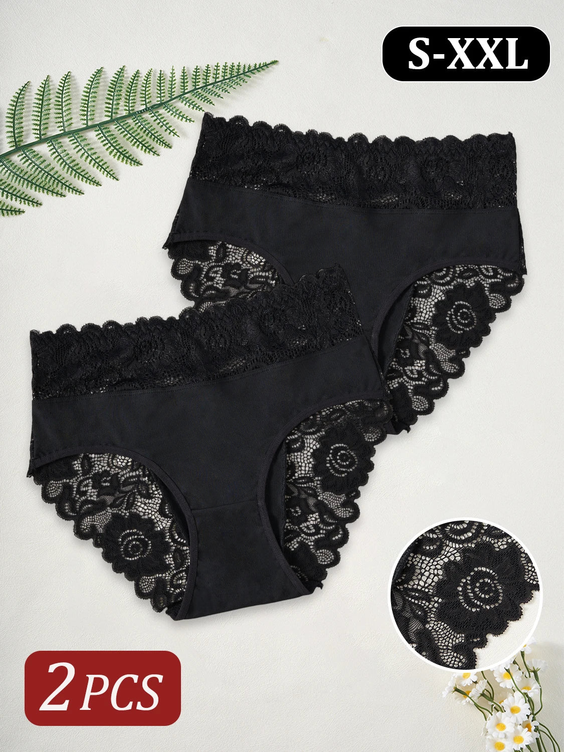 2PCS Black Women's Panties Luxury Lace Floral Hollow Out Sexy Underwear High Waist Briefs Lingerie S-XXL for Timeless Femininity