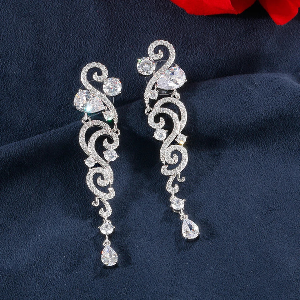 ZAKOL Luxury Shiny AAA Cubic Zirconia Hanging Earrings for Women Imitation Pearl Bridal Long Earring Women's Wedding Jewelry