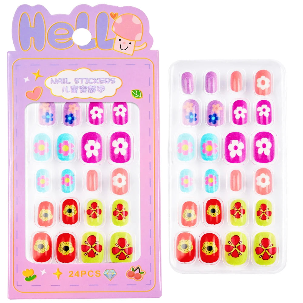 24Pcs/Box Cartoon Heart Bow Rainbow Design Kid Fake Nails Tips Cute False Nail Girls Press on Nails Full Cover Short Fingernails