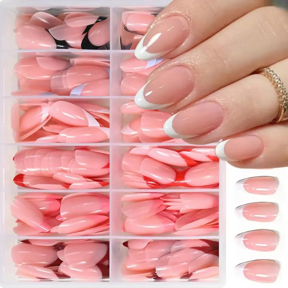 288Pcs Red Pink Medium Almond French False Nails Black White Oval Full Cover Fake Nails Tips Extension Wearable Press on Nails