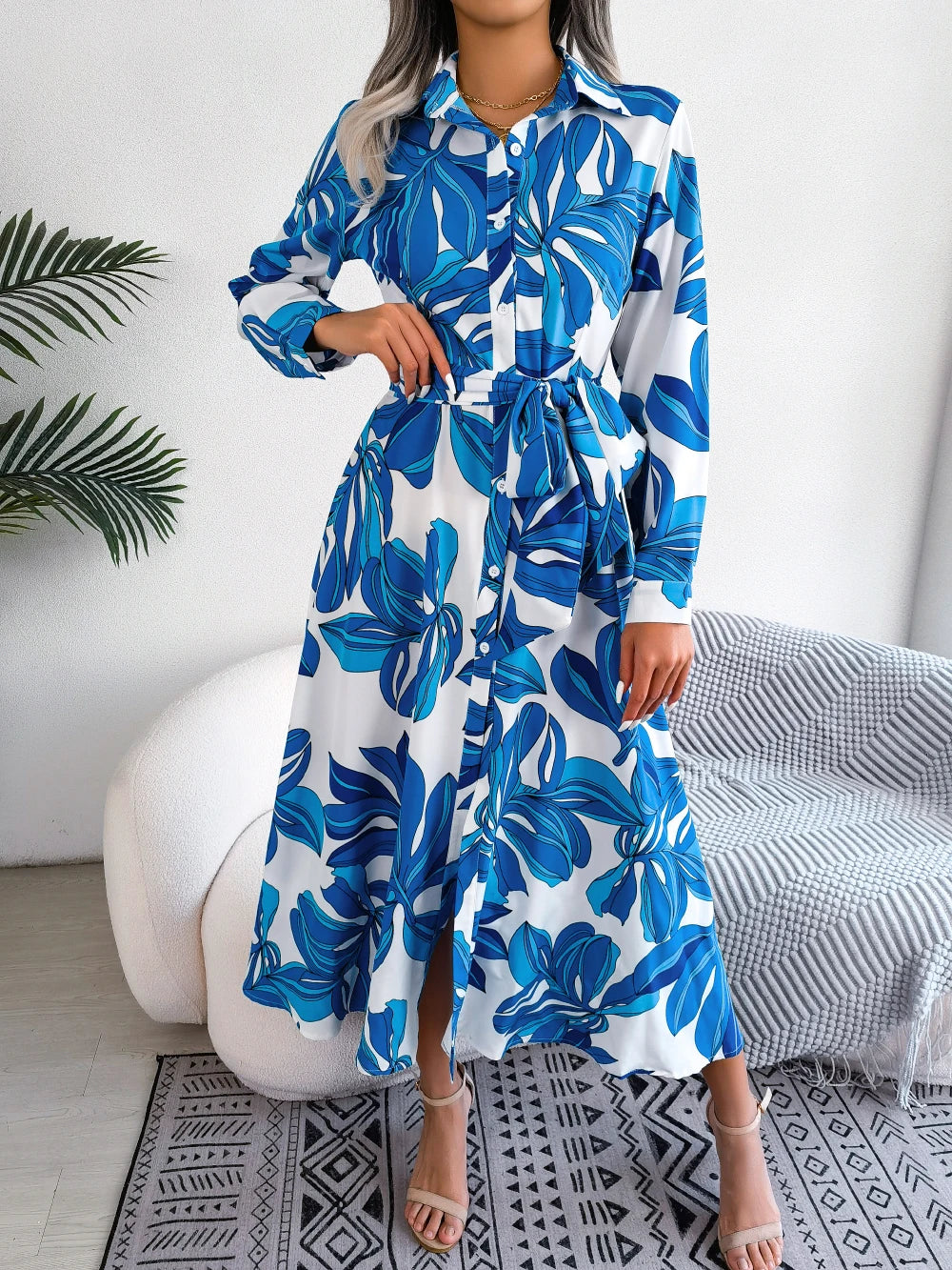 Women Casual Floral Print Long Sleeve Maxi Shirt Dress for Spring Autumn 2026 Elegant Contrast Color Lapel Buttons Long Dresses